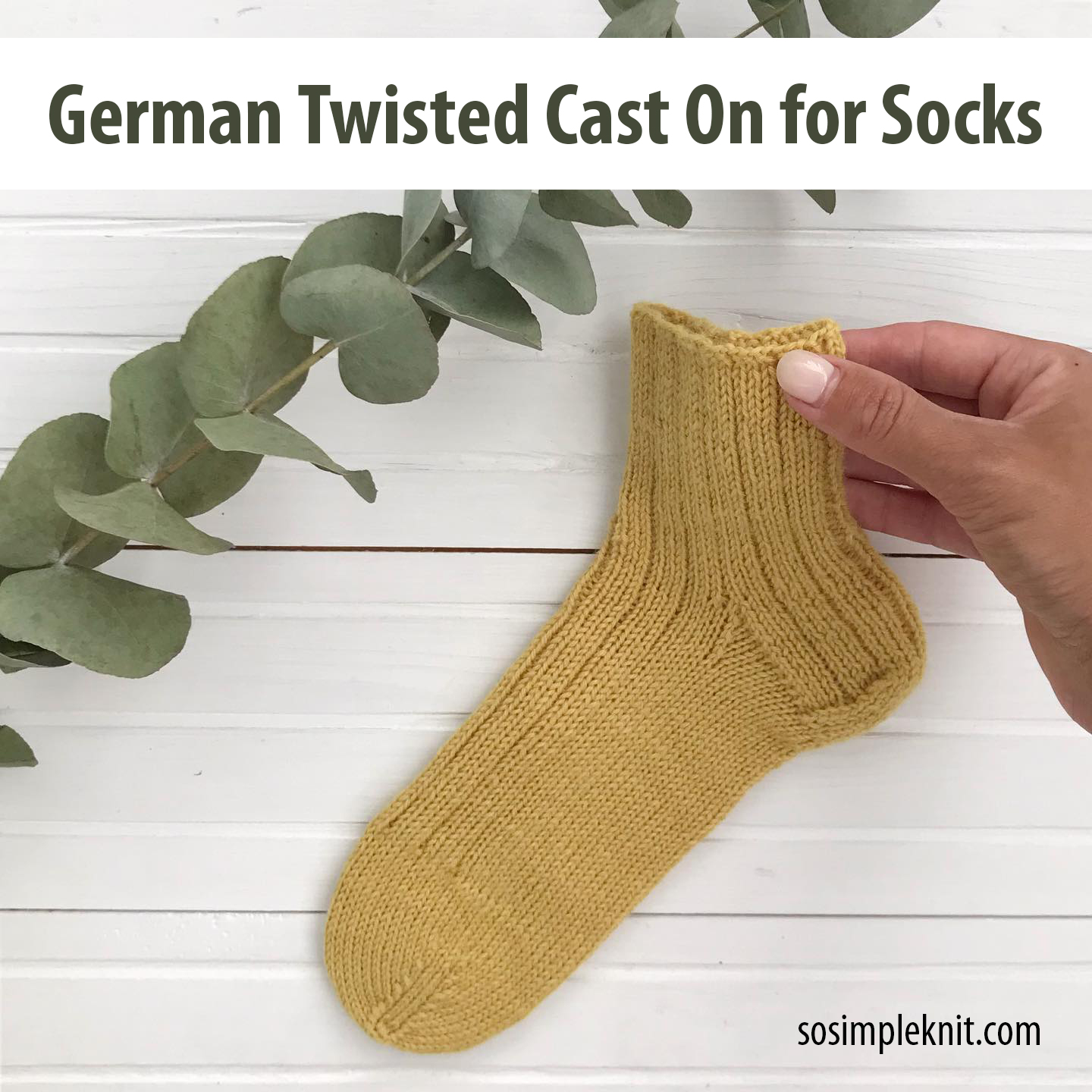 Yellow socks with a neat edge, text on the photo: "German Twisted Cast On for Socks"