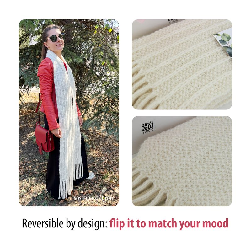 The image features a long, reversible knitted scarf displayed in a warm, cream color. The scarf has a textured pattern with fringes at both ends. In the background, a woman stands outdoors wearing a red leather jacket, black pants, and sunglasses, holding a red handbag. The scarf is shown in two close-up images at the bottom, highlighting its texture and the soft yarn used. The overall composition presents a stylish and cozy look, emphasizing the functionality of the scarf in different settings.