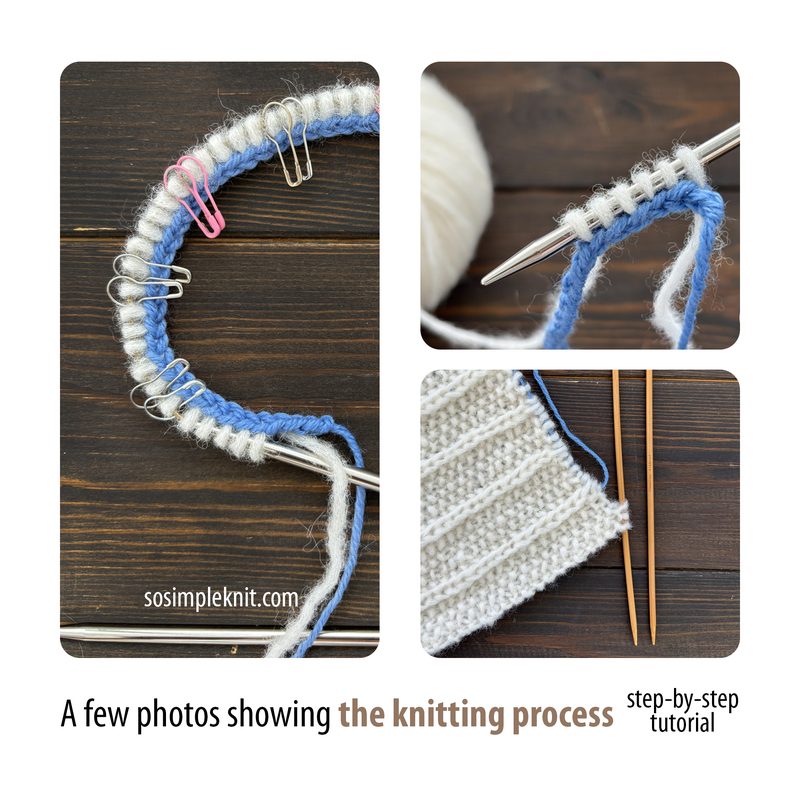 The image features a collage of three photos showing the knitting process for a reversible scarf. The first photo displays blue and white yarn on a knitting needle with several silver stitch markers. The second photo shows a close-up of the knitted fabric, showcasing a textured pattern in blue and white. The third image includes two wooden knitting needles beside the completed section of the scarf. The background is a light wood surface, accentuating the knitting materials.