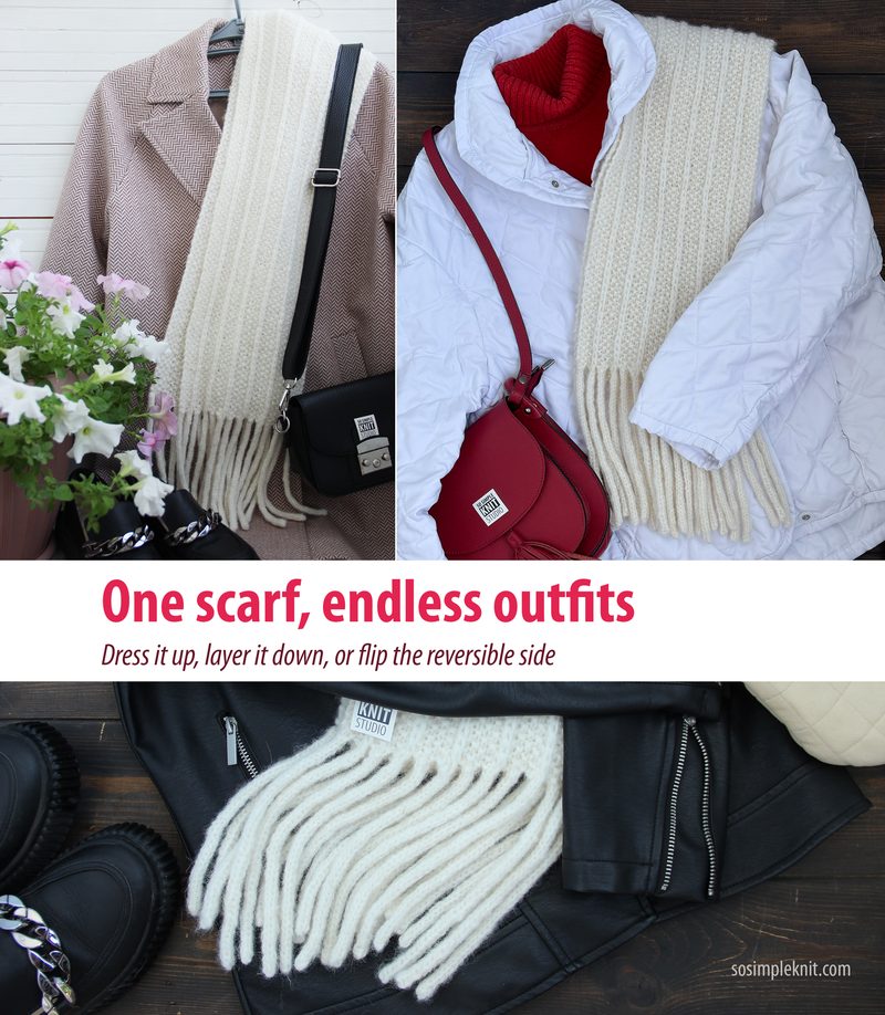 The image features a long, reversible scarf displayed in a flat lay and worn style. The scarf is textured with a ribbed pattern in a light cream color, featuring long fringes at each end. It is positioned alongside a white outerwear jacket and a black leather jacket, with a handbag partially visible. In the background, there are blooming flowers in a pot, enhancing the outdoor setting. The overall composition showcases the versatility of the scarf in layering with different outfits.