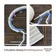 The image features a collage of three photos showing the knitting process for a reversible scarf. The first photo displays blue and white yarn on a knitting needle with several silver stitch markers. The second photo shows a close-up of the knitted fabric, showcasing a textured pattern in blue and white. The third image includes two wooden knitting needles beside the completed section of the scarf. The background is a light wood surface, accentuating the knitting materials.