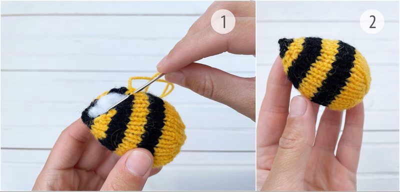The image shows two steps of creating a honey bee knitting pattern. The first part features a hand inserting a needle into a yellow and black striped knitted bee body, with white stuffing visible inside. The second part displays a finished bee shape held in a hand, showcasing its rounded form and distinct yellow and black stripes. The background is a light, neutral color, providing contrast to the vibrant colors of the bee.