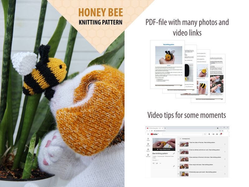 A close-up of a plush dog with a honey bee plush toy on its head, showcasing the knitting pattern. The dog has a white body with brown spots and is wearing a vibrant orange and white striped knitted sweater. In the background, there is a green potted plant with long leaves. To the right, there is a layout of a PDF document featuring multiple pages with images and links related to knitting, including a video tutorial section with thumbnails displayed. The overall color scheme includes shades of b