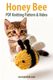 A knitted honey bee toy, primarily yellow with black stripes and small black wings, is suspended from a string in the foreground. In the background, a soft-focus, playful tabby kitten is reaching out towards the bee. The overall composition features a light, neutral background to emphasize the colorful bee and the kitten's curious expression. The top of the image has the text "Honey Bee PDF Knitting Pattern & Video" in bold green font.