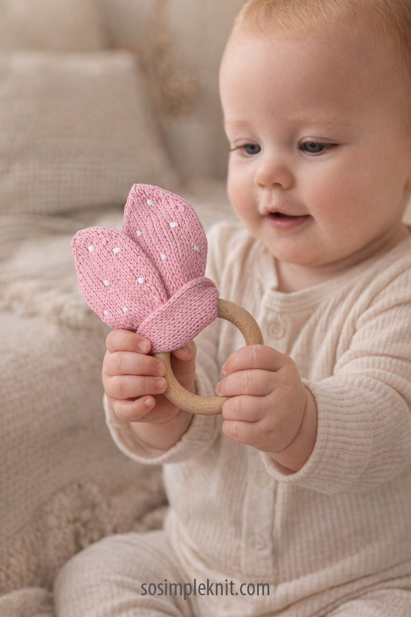 Baby holding a pink knitted bunny-ear teether with a wooden ring, soft neutral background, cozy natural lighting