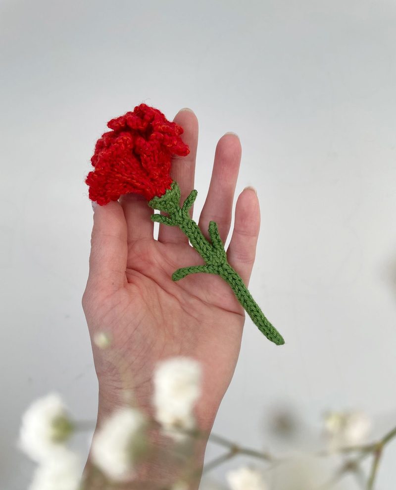 A person's hand holds a vibrant red crocheted carnation flower with green leaves and stem, set against a softly blurred background featuring light-colored floral elements. The hand is positioned centrally, emphasizing the flower's details and craftsmanship, while the overall color palette includes bright reds and greens against a neutral backdrop.