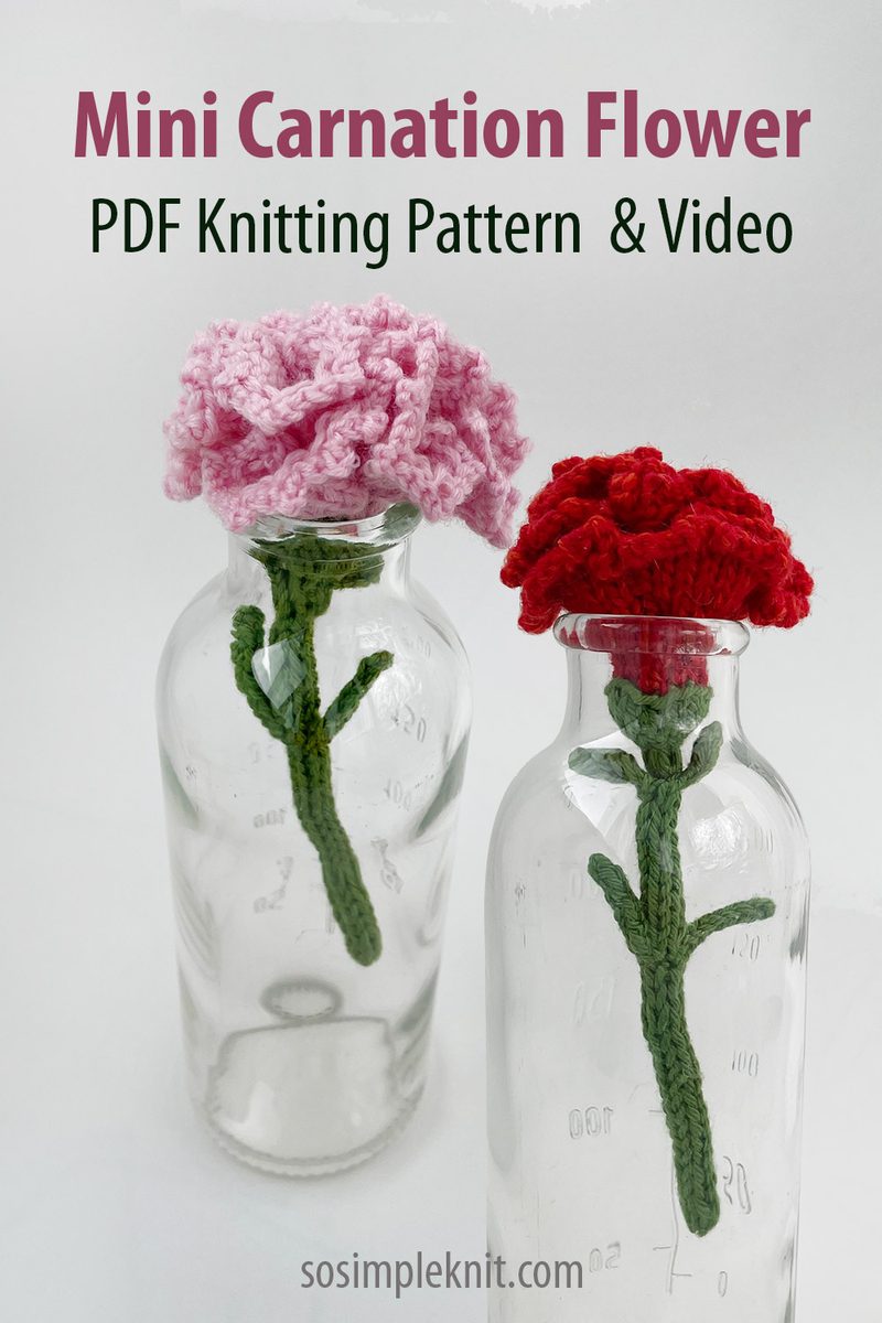 Knitted carnation flower made from yarn, realistic mini bouquet, beginner knitting pattern, handmade gift idea for Mother’s Day or home decor