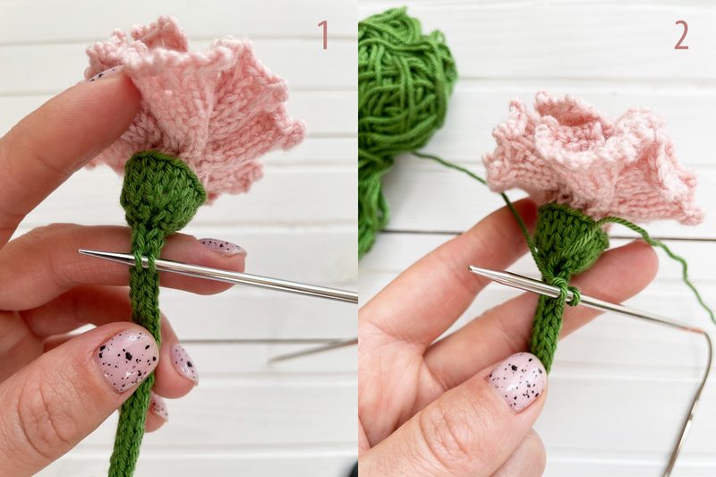 The image features two close-up views of a knitted carnation flower in soft pink and green yarn. The first view shows the flower's ruffled petals and a single green stem, while the second view focuses on a knitting needle threaded through green yarn to form the stem. The background consists of light wooden texture, and the images are framed to highlight the flower and knitting process.