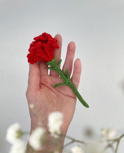 A person's hand holds a vibrant red crocheted carnation flower with green leaves and stem, set against a softly blurred background featuring light-colored floral elements. The hand is positioned centrally, emphasizing the flower's details and craftsmanship, while the overall color palette includes bright reds and greens against a neutral backdrop.
