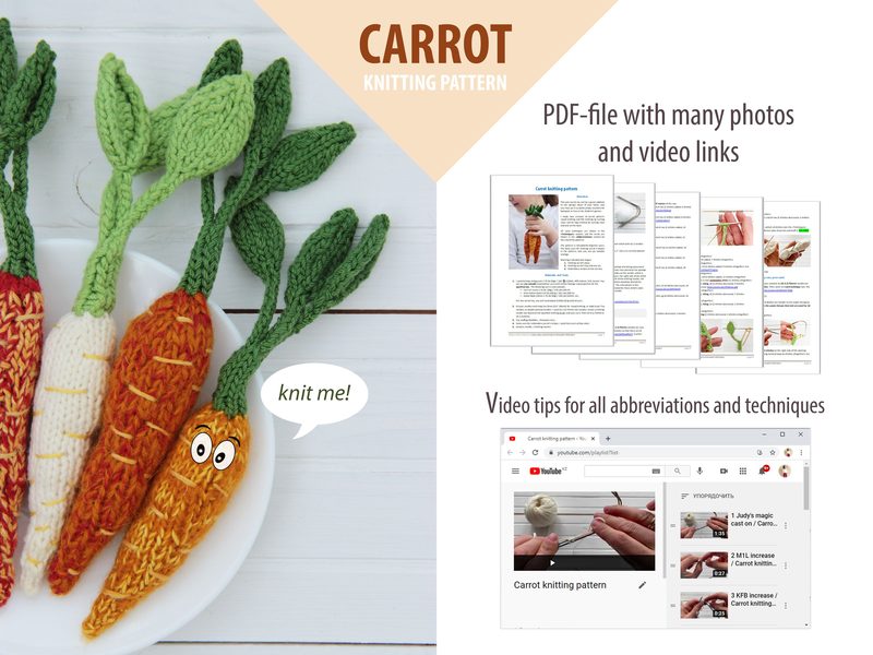 The image displays three amigurumi carrots in various sizes and colors: one orange with a smiling face, a white carrot, and a smaller green carrot, all with knitted green tops. The carrots are placed on a light wooden surface, and to the right, there's a PDF file preview featuring tutorial pages with text and images, along with a video thumbnail showing knitting techniques. The layout is clean and organized, with a clear title at the top.