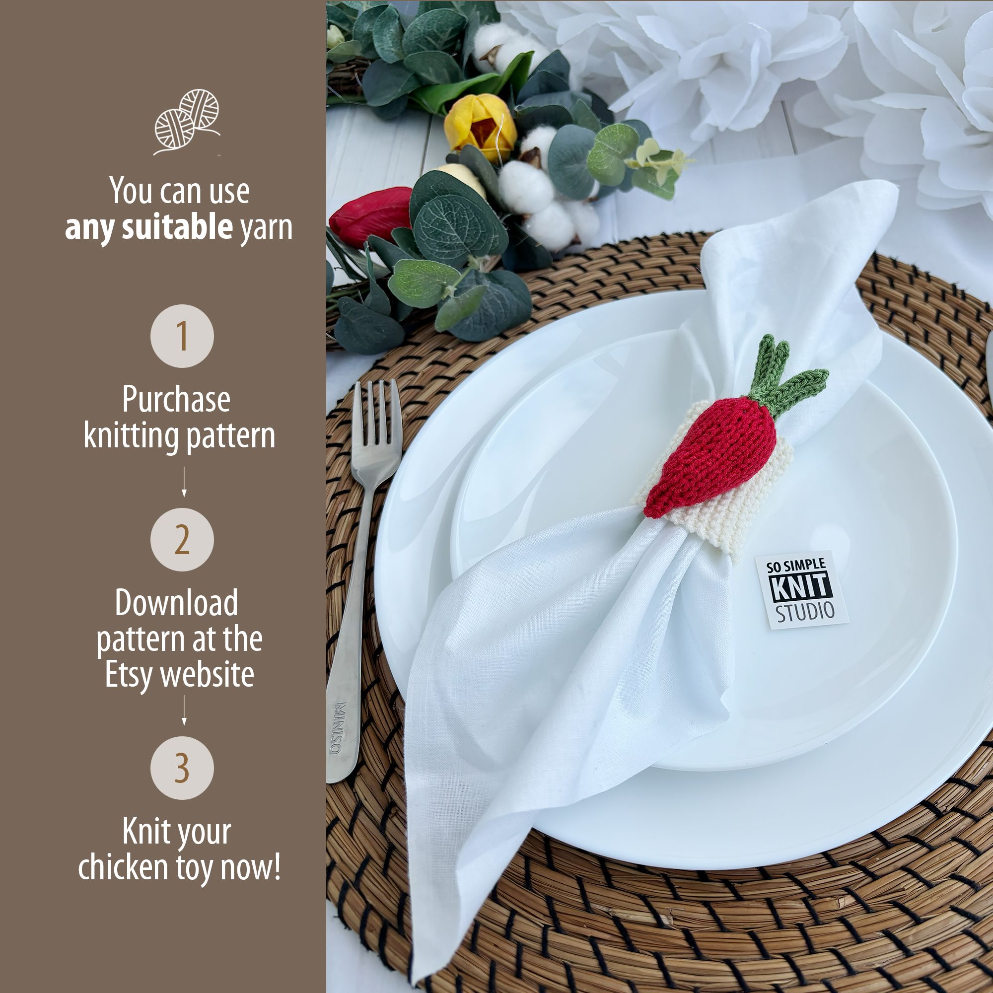 Easter table setting. The photo shows a decorative plate with a napkin on it, held by a knitted carrot-shaped napkin ring. The text on the image says that to get this knitting pattern, you can purchase it on Etsy and start knitting.