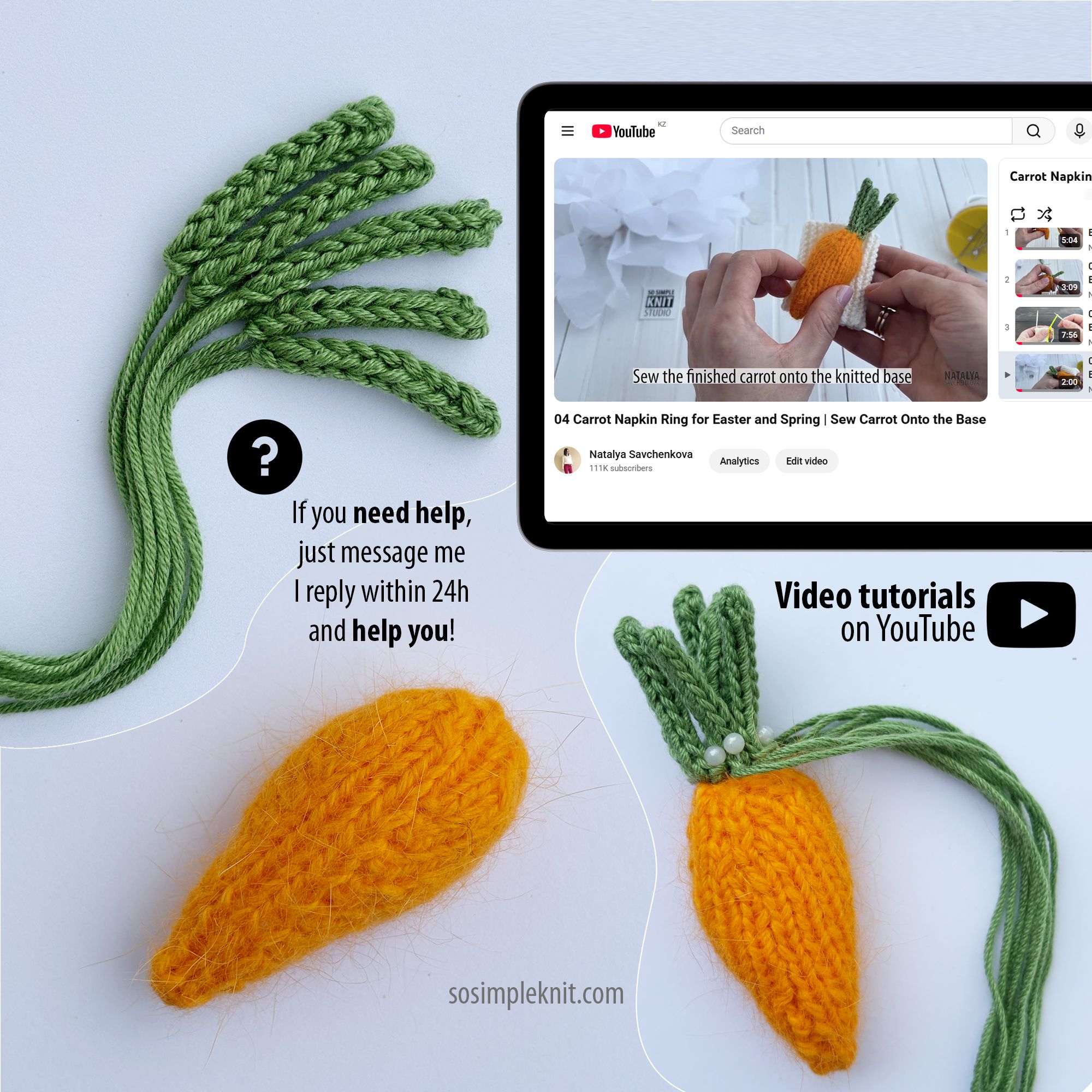 A knitted carrot napkin ring on a light background, text on the image: “What’s included in the knitting pattern video tutorial”