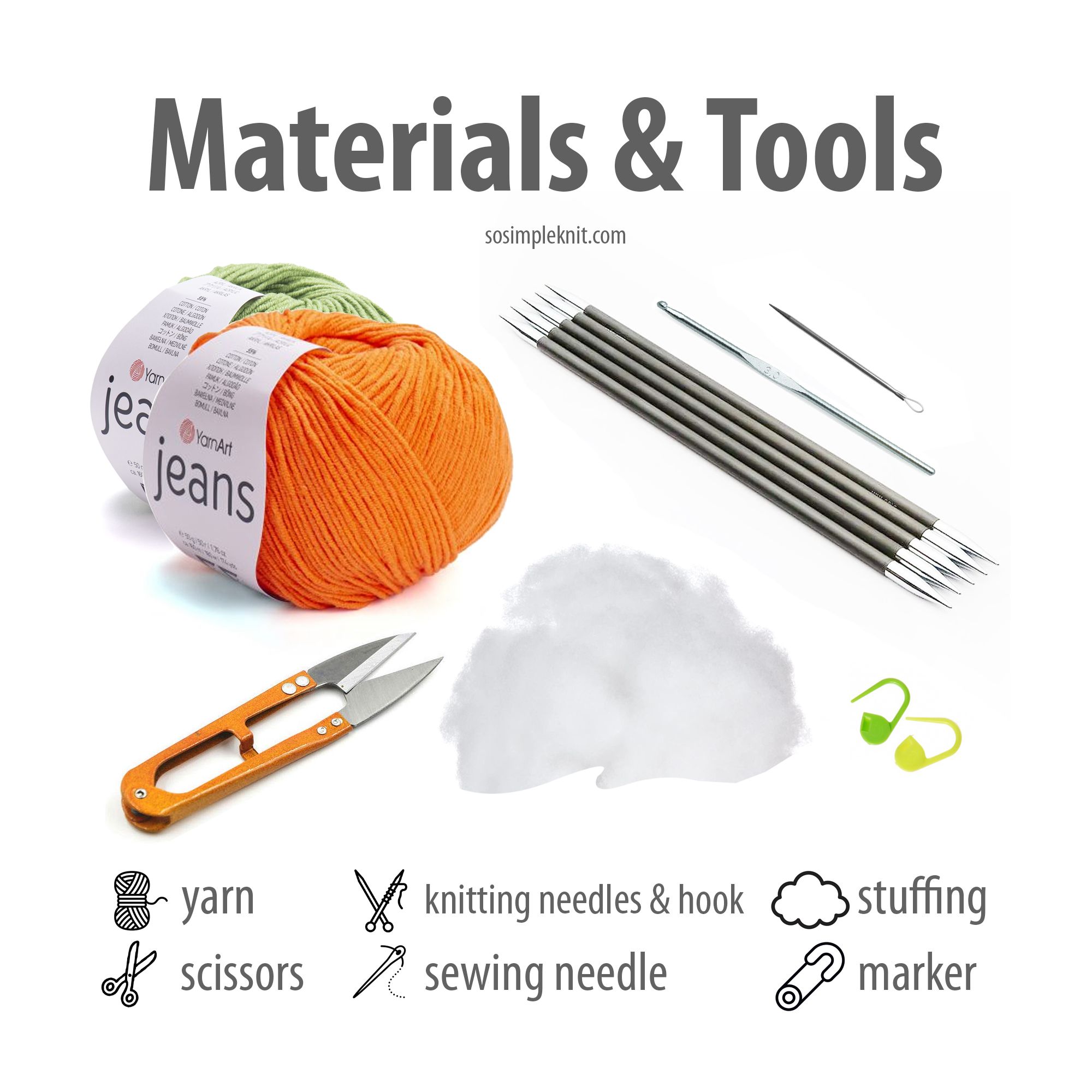 A knitted carrot napkin ring on a light background, text on the image: “What’s included in the knitting pattern tools and material”