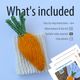 A knitted carrot napkin ring on a light background, text on the image: “What’s included in the knitting pattern”