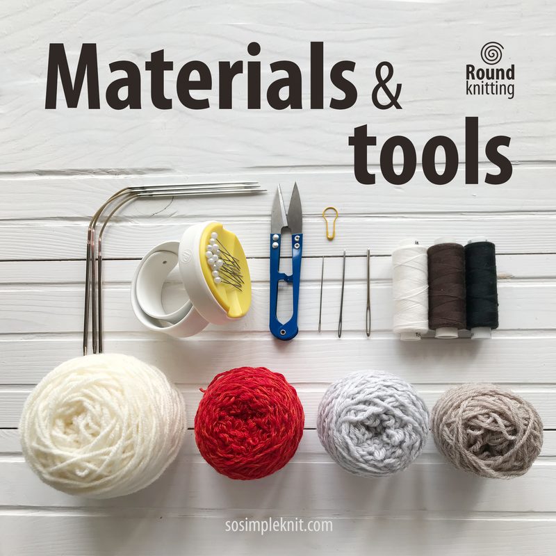 The image displays an assortment of knitting materials and tools laid out on a white wooden background. At the top, the text "Materials & tools" is prominently featured in a bold, dark font. Below, there are three skeins of yarn in red, white, and gray, along with a white bowl, knitting needles, scissors, a blue tool, and various sewing needles arranged neatly. The overall layout is organized, showcasing the items clearly for easy identification.