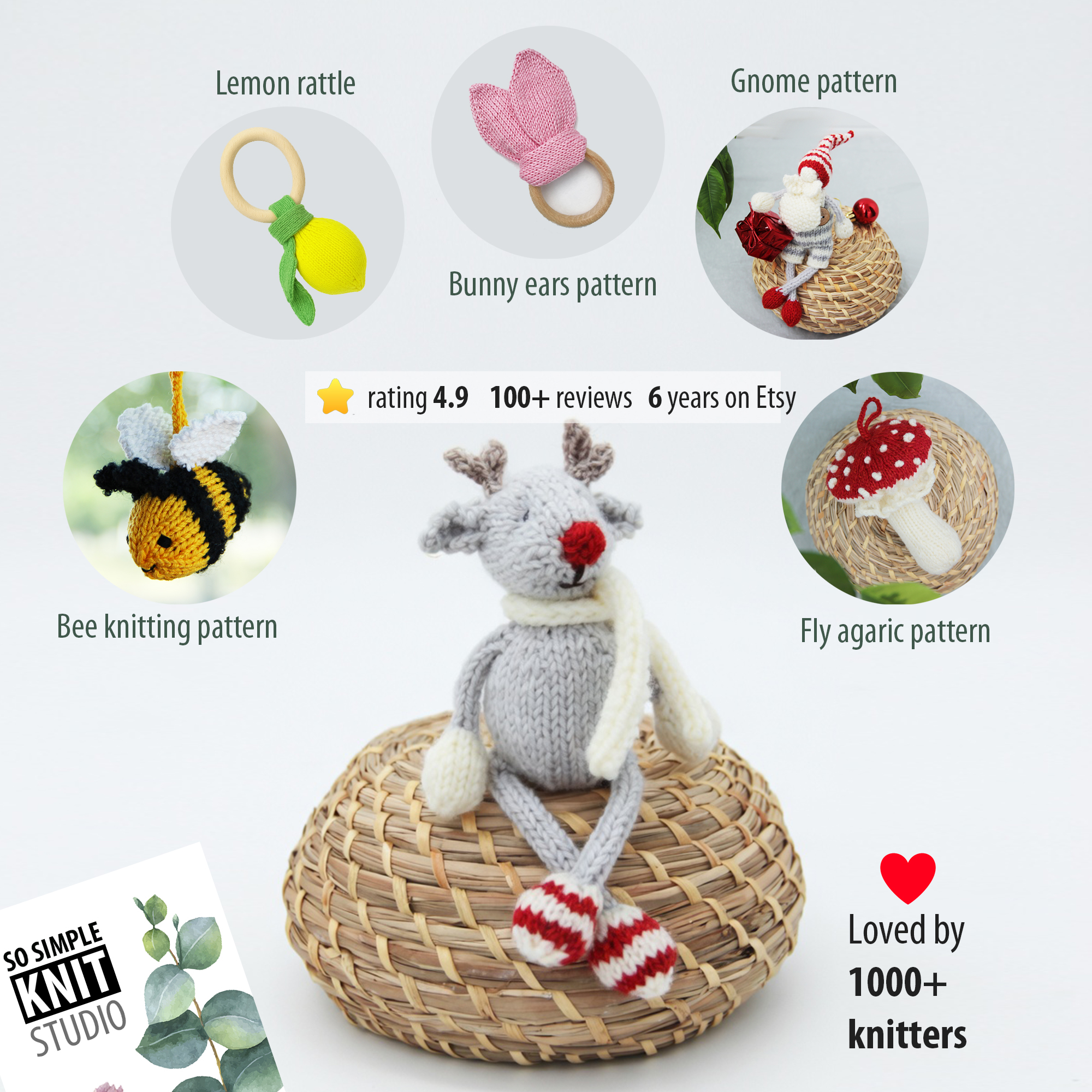 A knitted reindeer toy sits atop a woven circular mat; the reindeer features a gray body, a red nose, and white accents, wearing a scarf and striped socks. Surrounding the toy are small images of other knitting patterns, including a lemon rattle, a bee, a gnome, a bunny, a mushroom, and a fly agaric. The background is a light color, enhancing the visibility of the patterns and the toy. The overall composition is clean and focused, emphasizing the knitted reindeer and associated knitting patterns