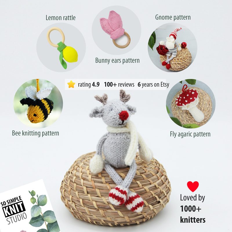 A knitted reindeer toy sits atop a woven circular mat; the reindeer features a gray body, a red nose, and white accents, wearing a scarf and striped socks. Surrounding the toy are small images of other knitting patterns, including a lemon rattle, a bee, a gnome, a bunny, a mushroom, and a fly agaric. The background is a light color, enhancing the visibility of the patterns and the toy. The overall composition is clean and focused, emphasizing the knitted reindeer and associated knitting patterns
