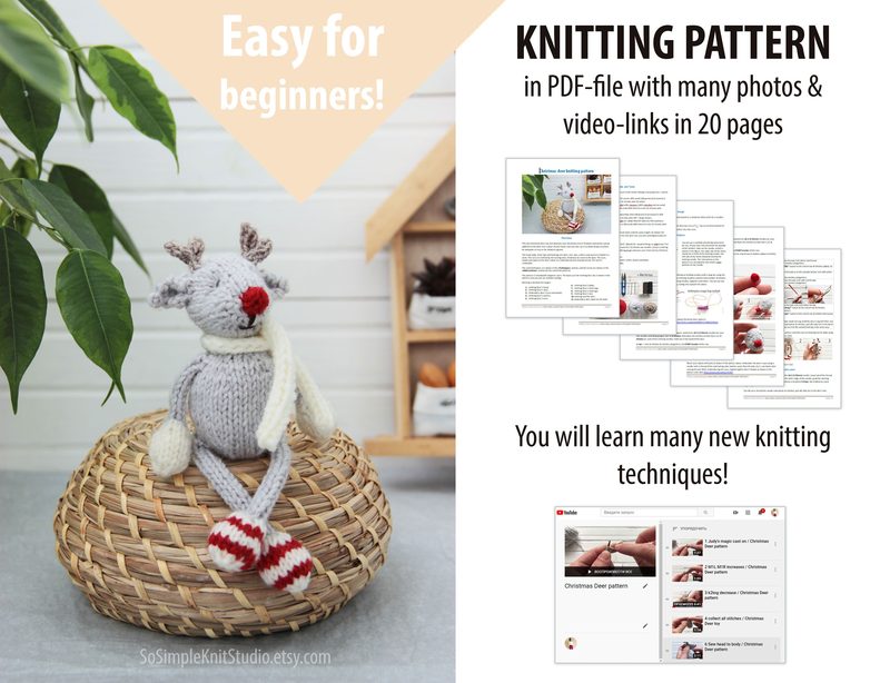 A knitted reindeer toy sits atop a woven basket, featuring gray yarn for the body and brown yarn for the antlers. The reindeer has red and white striped legs and a small red nose. In the background, there are green leaves from a plant, and a light-colored wooden wall. To the right, there is a display of multiple pages illustrating a knitting pattern, with thumbnails and text outlining techniques and video links. The layout is clean and well-organized, emphasizing the knitting pattern's beginner-
