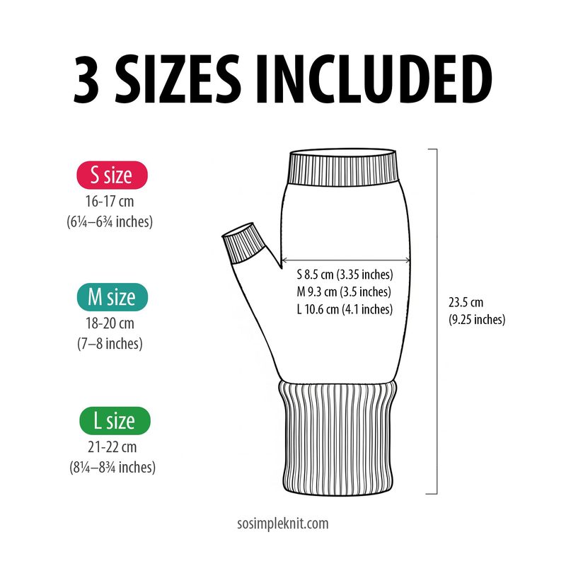 An illustration displaying a fingerless glove knitting pattern with measurements. The glove is depicted in a simple line drawing style, featuring a ribbed cuff and open fingers. The size chart lists three sizes: Small (S), Medium (M), and Large (L), with corresponding measurements in centimeters and inches. The text is bold and prominent, highlighting "3 SIZES INCLUDED" at the top. The background is plain, ensuring the focus remains on the glove and the sizing information.