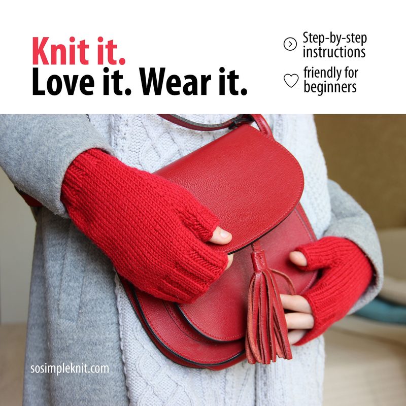 A close-up image of a pair of vibrant red fingerless gloves worn by a person holding a red handbag. The gloves have a textured knit pattern and the person's sleeves are grey, partially visible in the frame. The background is softly blurred, focusing attention on the gloves and handbag, with text above stating "Knit it. Love it. Wear it." and bullet points indicating it's beginner-friendly with step-by-step instructions.