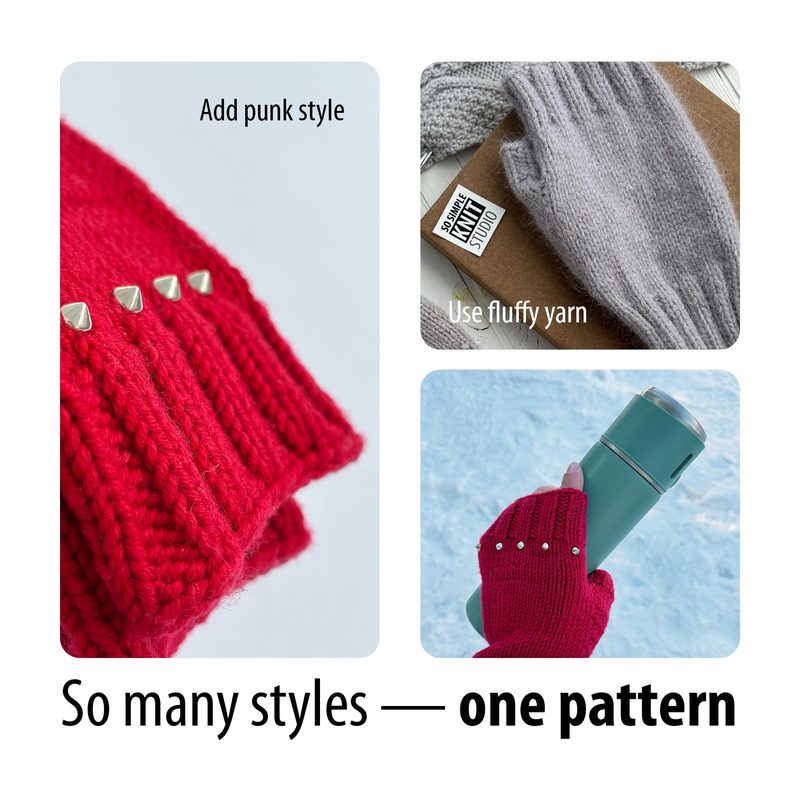 The image features three sections: the top left shows a close-up of a red knitted glove with metallic studs along the edge; the top right displays a light gray knitted glove resting on a brown surface with a visible label; the bottom section presents a hand wearing a red fingerless glove, holding a teal thermos against a light blue background.