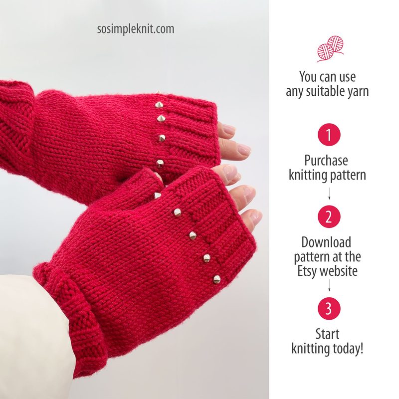 The image features a pair of bright red fingerless gloves designed for women, showcasing a ribbed texture and decorative studs along the cuffs. The gloves are partially visible, with both hands shown wearing them. The background is white, and the left side includes text instructions for obtaining the knitting pattern. The overall composition emphasizes the gloves, highlighting their knitted detail and vibrant color against the simple backdrop.