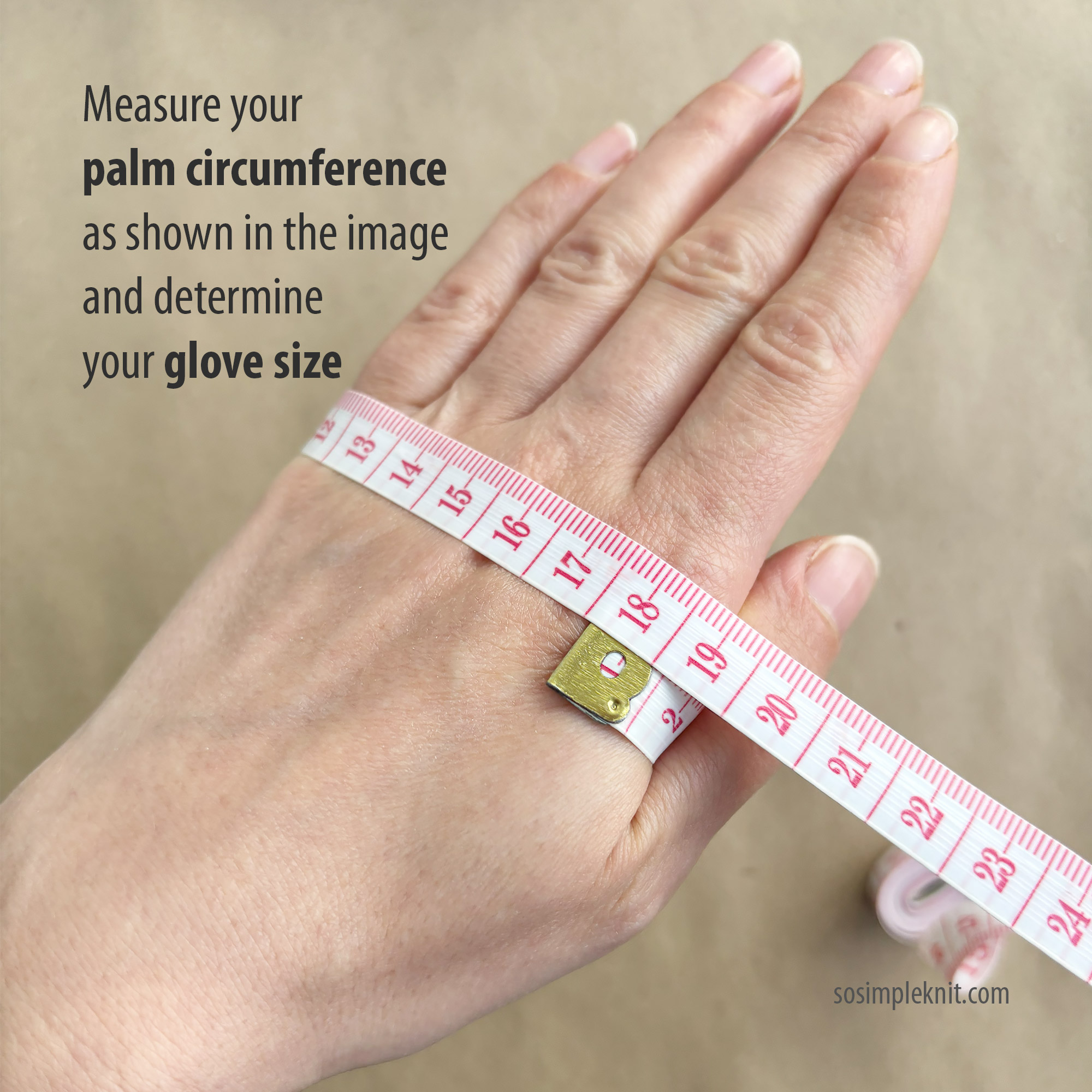 A person’s palm with a measuring tape, showing the process of measuring palm circumference to determine glove size for a knitting pattern.