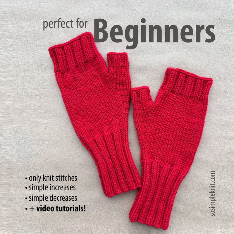 The image features a pair of red fingerless gloves laid flat on a light gray background. The gloves have ribbed cuffs and a textured pattern throughout. In the upper right corner, the word "Beginners" is prominently displayed in a bold, modern font, while details about the knitting pattern are listed in smaller text beneath. The overall composition is clean and focused on the gloves.