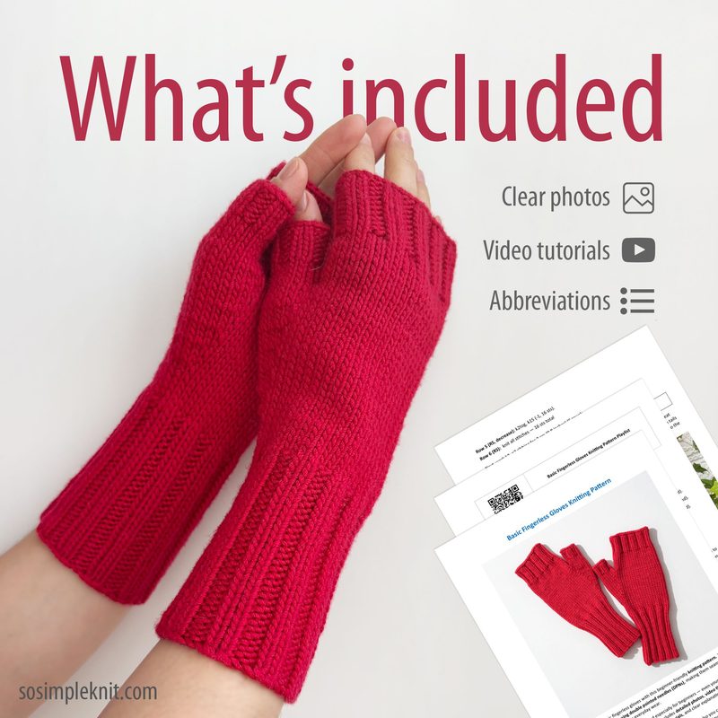 The image shows a pair of red fingerless gloves held in a woman's hands against a light background. The gloves feature a ribbed texture and are styled with a snug fit. In the upper left corner, there is a text overlay that reads "What's included" in a bold font. Below the gloves, scattered images and text depict items like clear photos, video tutorials, and printed patterns. The overall color palette predominantly features bright red and white elements, keeping the focus on the gloves.
