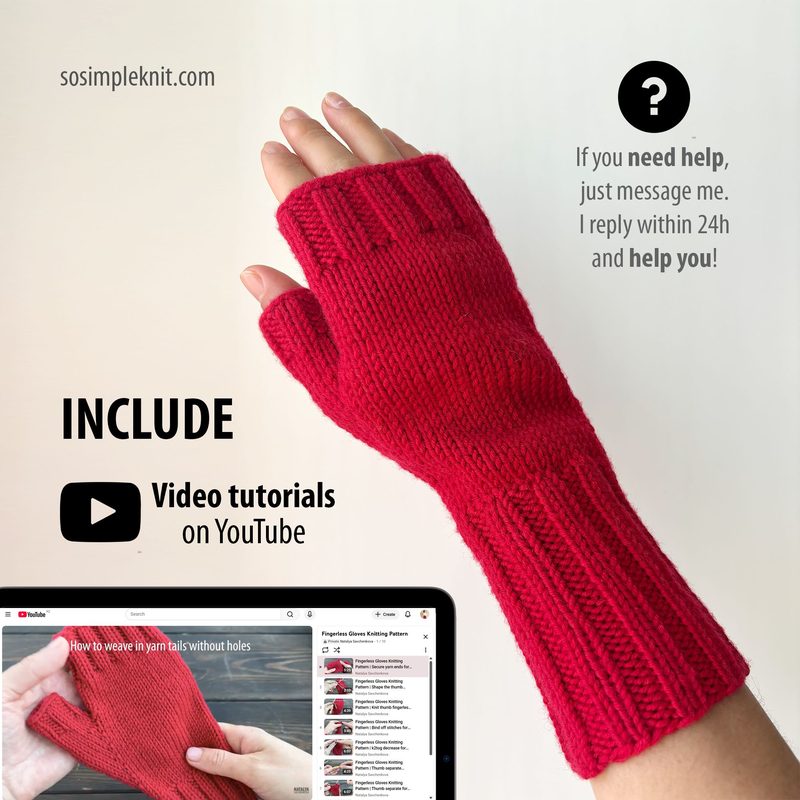 A close-up image of a single red fingerless glove displayed against a light background, showcasing ribbed knitting texture and an open thumb hole. The glove appears to be made of soft yarn, emphasizing its snug fit. To the right, there is text in a clean font indicating help and support options, with a visual prompt referencing video tutorials on YouTube beneath it.