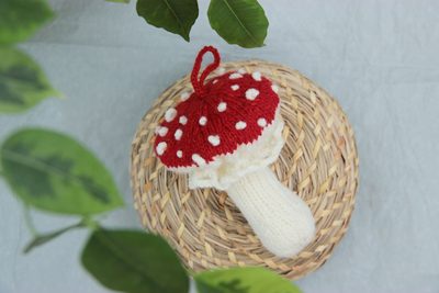 A knitted Fly Agaric mushroom toy displayed on a woven circular mat. The mushroom cap is bright red with white polka dots, and the stem is a creamy white color. Surrounding the mat are green leaves, adding a natural element to the composition. The background is softly textured in a light blue hue, enhancing the overall visual appeal.