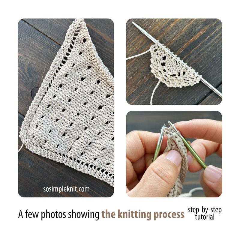 The image consists of three photos arranged in a collage format, showcasing the knitting process for a triangle scarf. The main focus is on a triangular piece of knitted fabric made from a light beige yarn, featuring a pattern of small eyelet holes. In the upper right, a close-up shows a hand holding knitting needles with more of the fabric being worked. The background is a dark wooden surface, adding contrast to the light yarn and fabric. The overall style is instructional, aimed at guiding vie