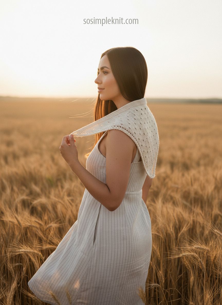 A woman with long dark hair stands in a golden field of wheat, wearing a white sleeveless dress. She holds a light-colored triangular knitted bandana scarf over her shoulder, showcasing a delicate lace pattern. The background features a warm sunset lighting that casts a soft glow on the scene, enhancing the natural tones of the field. The overall composition highlights both the scarf and the serene landscape.