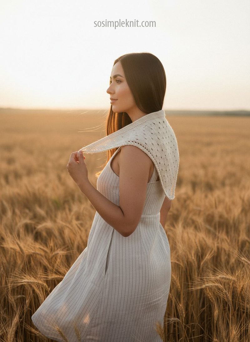 A woman with long dark hair stands in a golden field of wheat, wearing a white sleeveless dress. She holds a light-colored triangular knitted bandana scarf over her shoulder, showcasing a delicate lace pattern. The background features a warm sunset lighting that casts a soft glow on the scene, enhancing the natural tones of the field. The overall composition highlights both the scarf and the serene landscape.