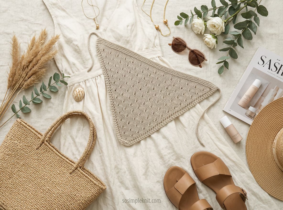 A knitted triangle scarf in a soft beige color is prominently displayed on a light, textured fabric background. Surrounding it are decorative elements, including a woven straw bag, brown sandals, a magazine titled "SASHA," sunglasses, and a small assortment of skincare products. Green eucalyptus leaves and white flowers are artfully arranged nearby, adding a natural touch to the composition. The overall scene conveys a casual and stylish aesthetic.