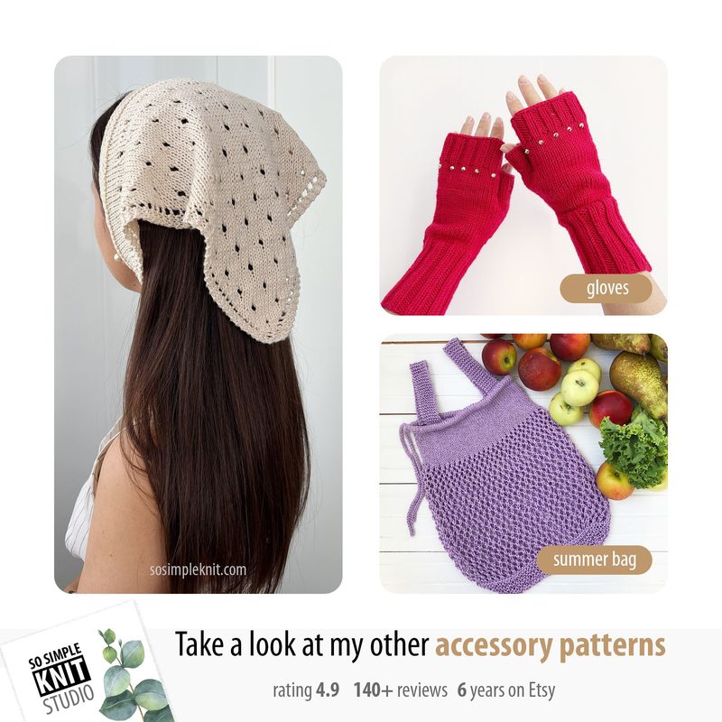 The image features a person wearing a beige knitted bandana-style triangle scarf with a dotted pattern, covering the head and part of the neck. To the right, there are two images: one of long red fingerless gloves with small openings for fingers, and another of a purple crocheted summer bag, filled with apples and other items. The background is neutral to highlight the accessories.