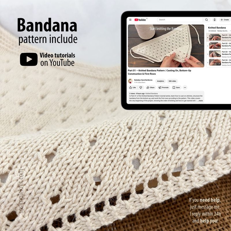 The image shows a close-up of a knitted bandana pattern in a light beige color, with a triangular scarf shape highlighted in textured stitch details. In the background, a tablet displays a YouTube video tutorial related to the pattern, featuring a paused image of the knitting process. The overall composition focuses on the scarf and the instructional content, with a soft, neutral aesthetic.
