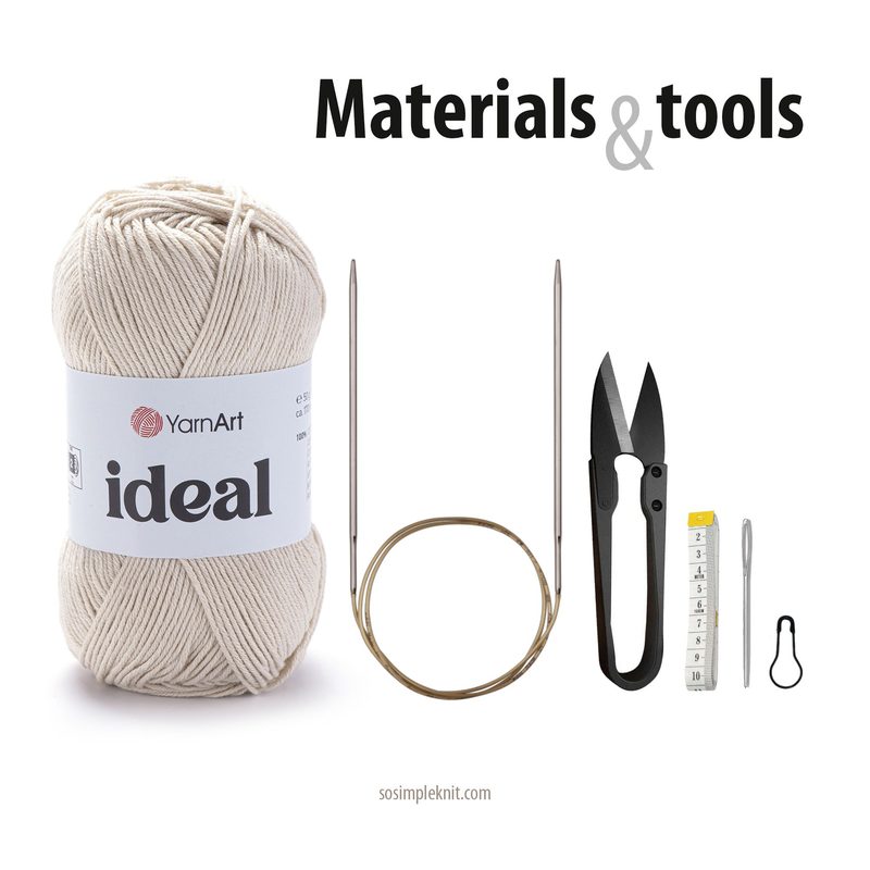 The image features a skein of light beige yarn labeled "YarnArt ideal," accompanied by a pair of knitting needles, a circular stitch marker, scissors, a measuring tape, a darning needle, and a safety stitch marker. The items are arranged on a clean, white background, ensuring a clear view of each tool and material used for knitting a bandana pattern scarf. The text "Materials & tools" is prominently displayed above the items in simple, bold typography.