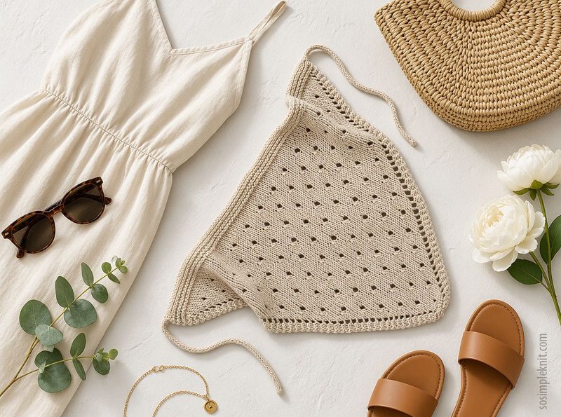 The image displays a knitted triangular bandana scarf in a light beige color with a textured pattern. Surrounding the scarf are a white linen dress, a pair of brown sandals, a woven basket bag, sunglasses, a gold necklace, a single white flower, and eucalyptus leaves. The arrangement is styled on a light, neutral background, creating a soft, airy aesthetic.