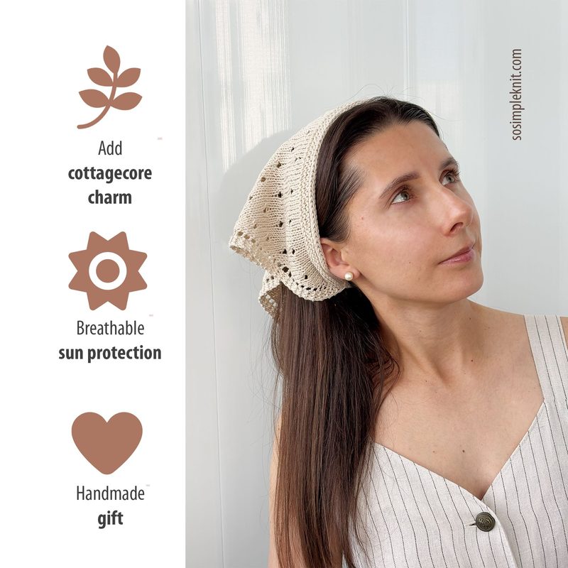 A woman is wearing a handmade knitted bandana styled as a triangle scarf. The scarf is light beige with a delicate, openwork pattern that allows for breathability. It is tied at the back of her head, leaving some hair flowing in front. The background is a simple, neutral color that emphasizes the scarf. On the left side, there are three brown icons with text, depicting a leaf, a sun, and a gift, along with corresponding labels.