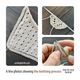 The image consists of three photos arranged in a collage format, showcasing the knitting process for a triangle scarf. The main focus is on a triangular piece of knitted fabric made from a light beige yarn, featuring a pattern of small eyelet holes. In the upper right, a close-up shows a hand holding knitting needles with more of the fabric being worked. The background is a dark wooden surface, adding contrast to the light yarn and fabric. The overall style is instructional, aimed at guiding vie