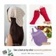 The image features a person wearing a beige knitted bandana-style triangle scarf with a dotted pattern, covering the head and part of the neck. To the right, there are two images: one of long red fingerless gloves with small openings for fingers, and another of a purple crocheted summer bag, filled with apples and other items. The background is neutral to highlight the accessories.