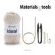 The image features a skein of light beige yarn labeled "YarnArt ideal," accompanied by a pair of knitting needles, a circular stitch marker, scissors, a measuring tape, a darning needle, and a safety stitch marker. The items are arranged on a clean, white background, ensuring a clear view of each tool and material used for knitting a bandana pattern scarf. The text "Materials & tools" is prominently displayed above the items in simple, bold typography.