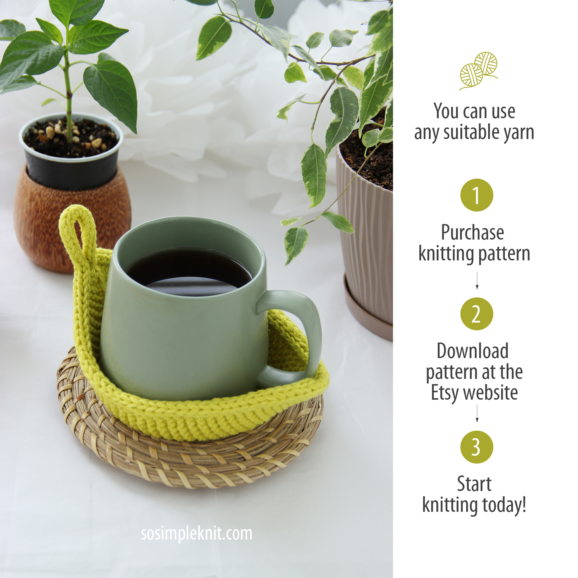 A styled cup of tea placed on a knitted leaf-shaped hot pad. On the right, an informational section explains to purchase the pattern on Etsy, download it, and start knitting.