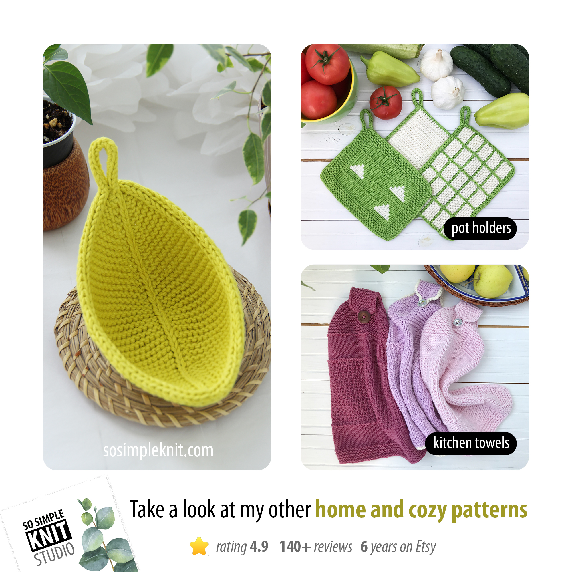 Three-panel composition showcasing sosimpleknit.com knitting patterns: first panel shows a styled cup of tea on a knitted leaf-shaped coaster; second panel displays hot pads; third panel shows a set of three knitted towels, highlighting other available patterns in this category.