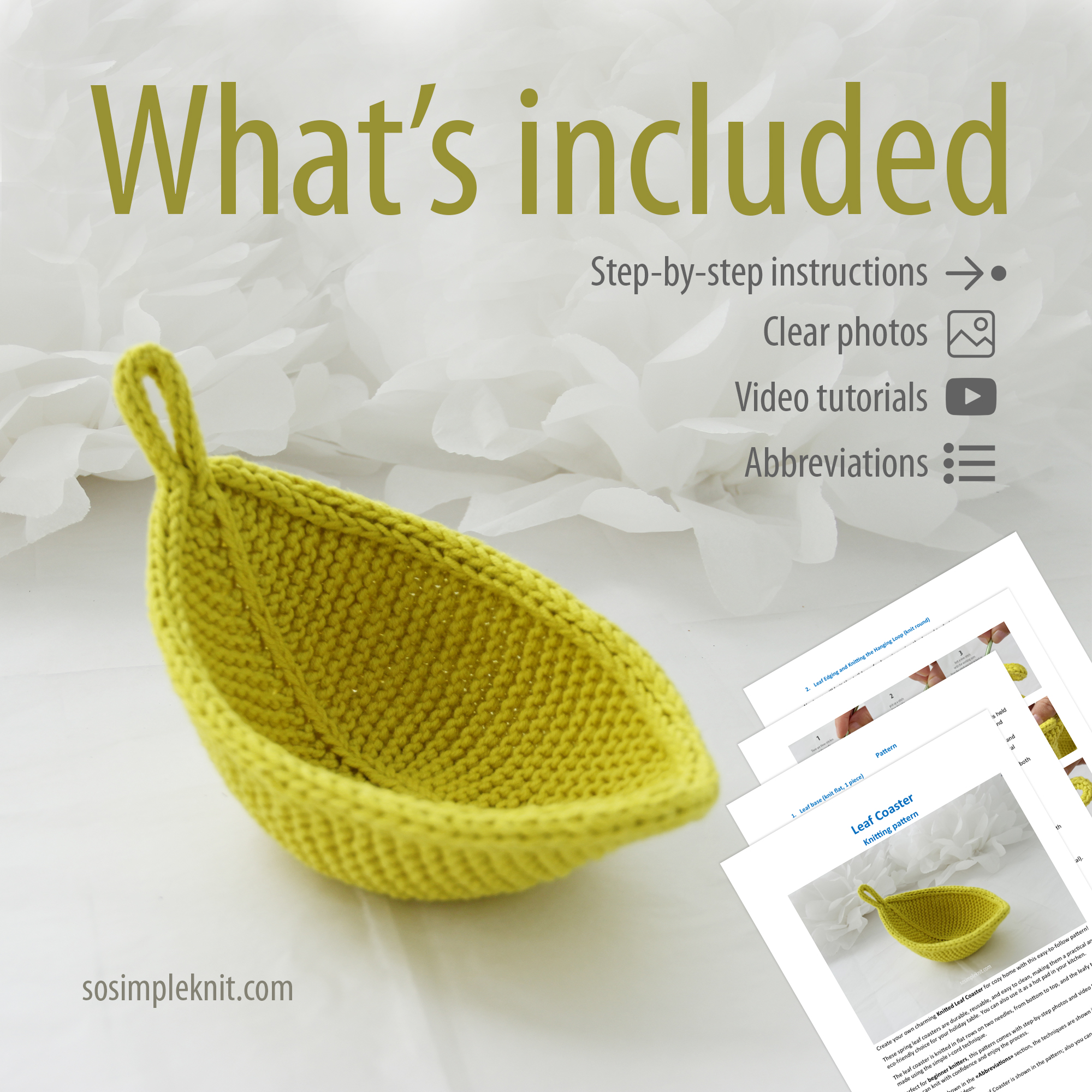 Leaf Coaster knitting pattern preview showing a printed page with text overlays “what’s included,” “step-by-step beginner pattern,” “clear photos,” and “video tutorials,” alongside a light green leaf-shaped knitted coaster.