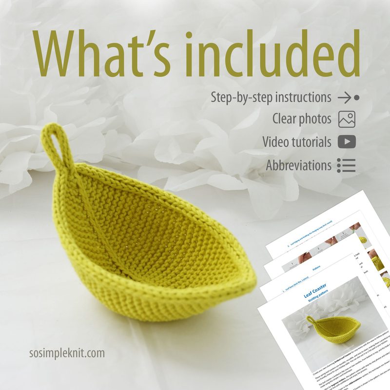 Leaf Coaster knitting pattern preview showing a printed page with text overlays “what’s included,” “step-by-step beginner pattern,” “clear photos,” and “video tutorials,” alongside a light green leaf-shaped knitted coaster.