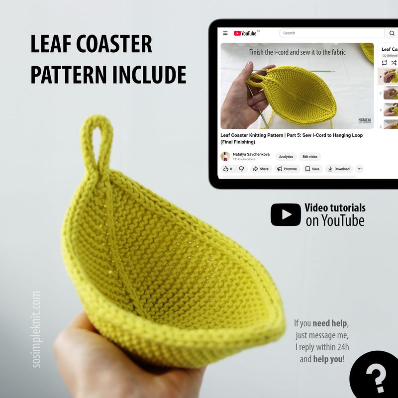 Light green knitted leaf-shaped coaster next to a screen showing a YouTube tutorial video for making the coaster, knitting pattern demonstration.