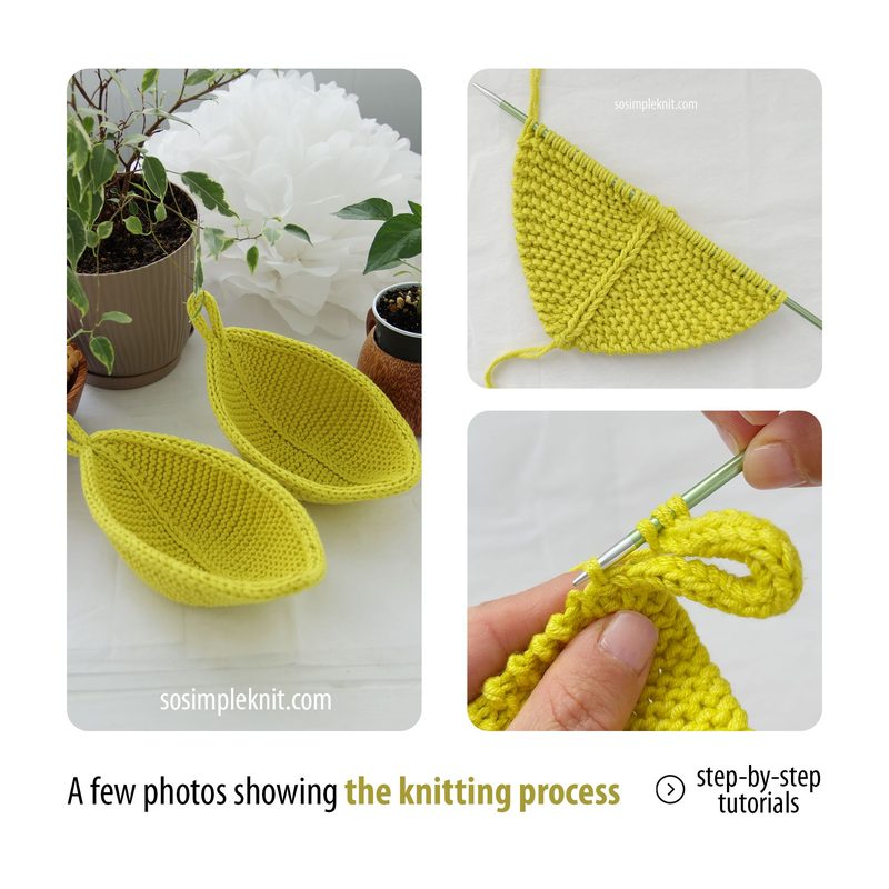 Three-step knitting process for the Leaf Coaster: first panel shows knitting the main coaster piece, second panel shows shaping the leaf detail, and third panel shows making a hanging loop for the finished item.