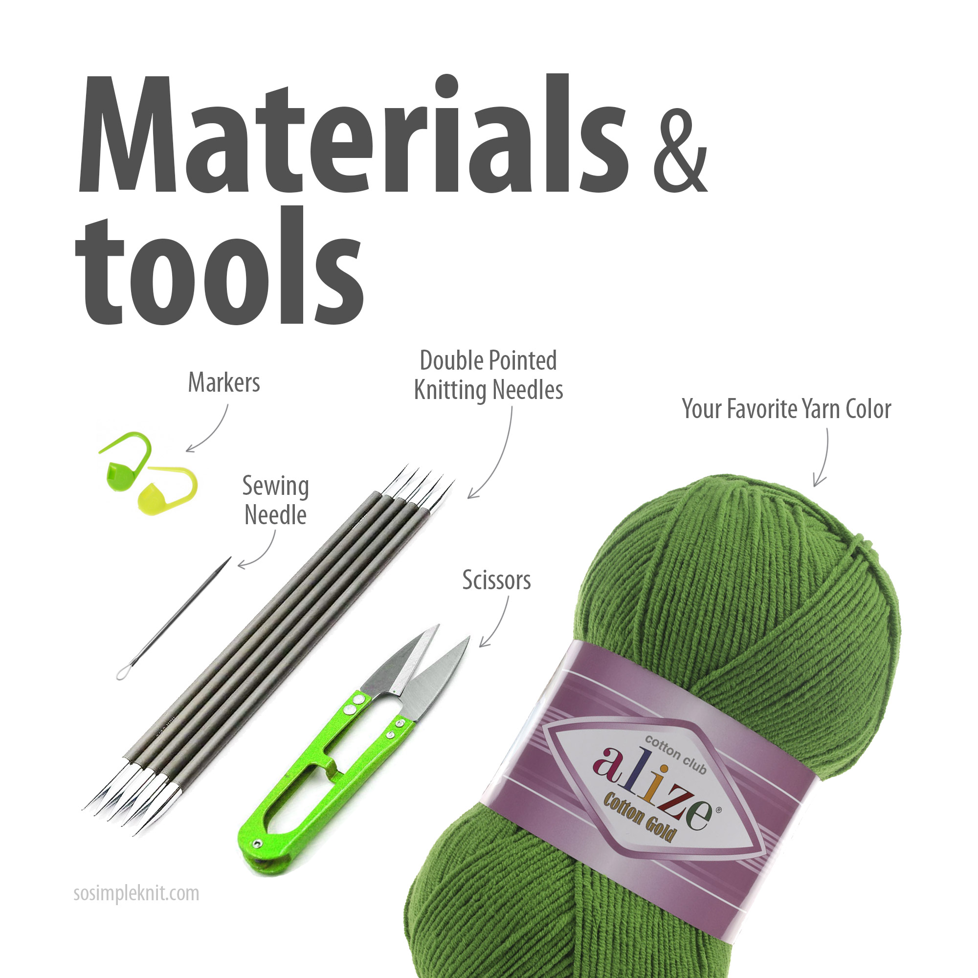 Materials and tools for knitting a leaf-shaped coaster: yarn, knitting needles, scissors, and stitch markers neatly arranged for a knitting project.